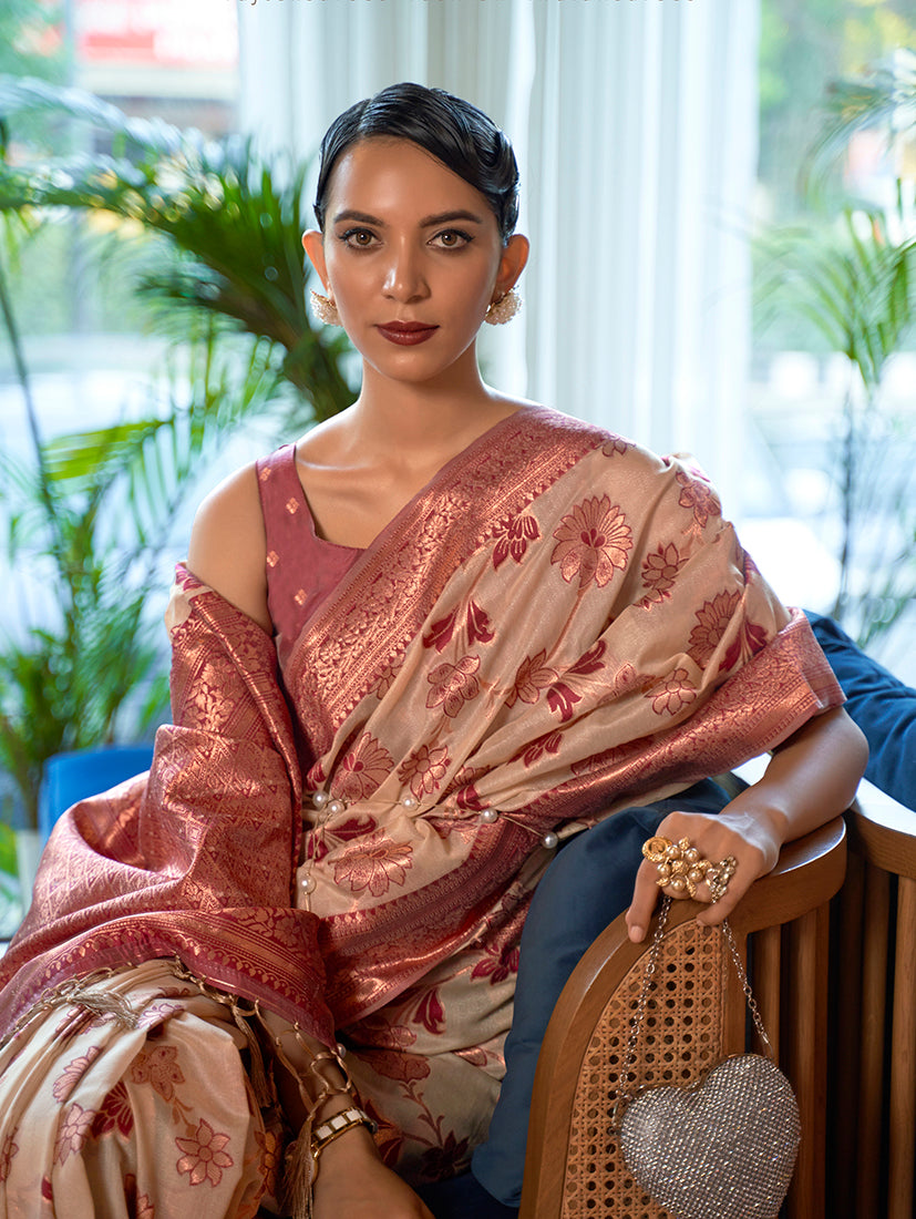 Monjolika Fashion Blush Pink Color Organza Weaving Print Saree - Distacart