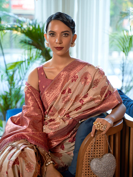 Monjolika Fashion Blush Pink Color Organza Weaving Print Saree