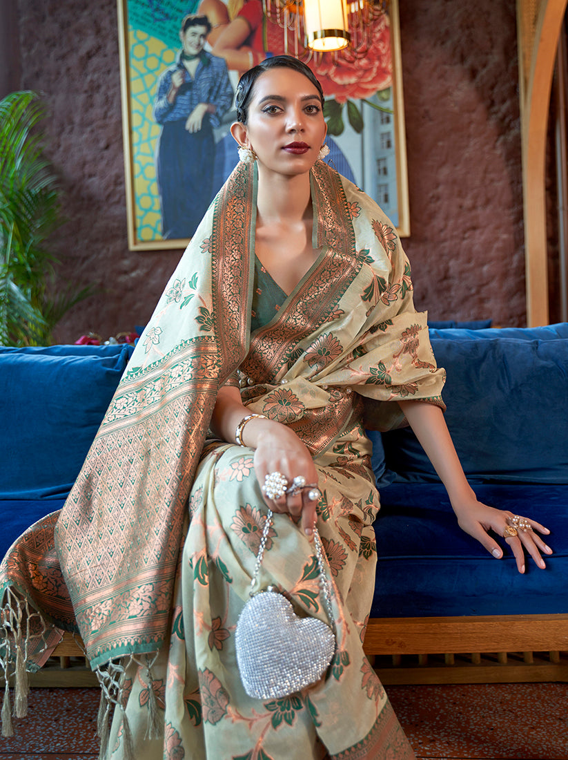 Monjolika Fashion Light Green Color Organza Weaving Print Saree