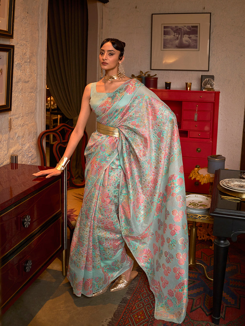 Monjolika Fashion Sky Blue Color Silk Printed Classic Saree