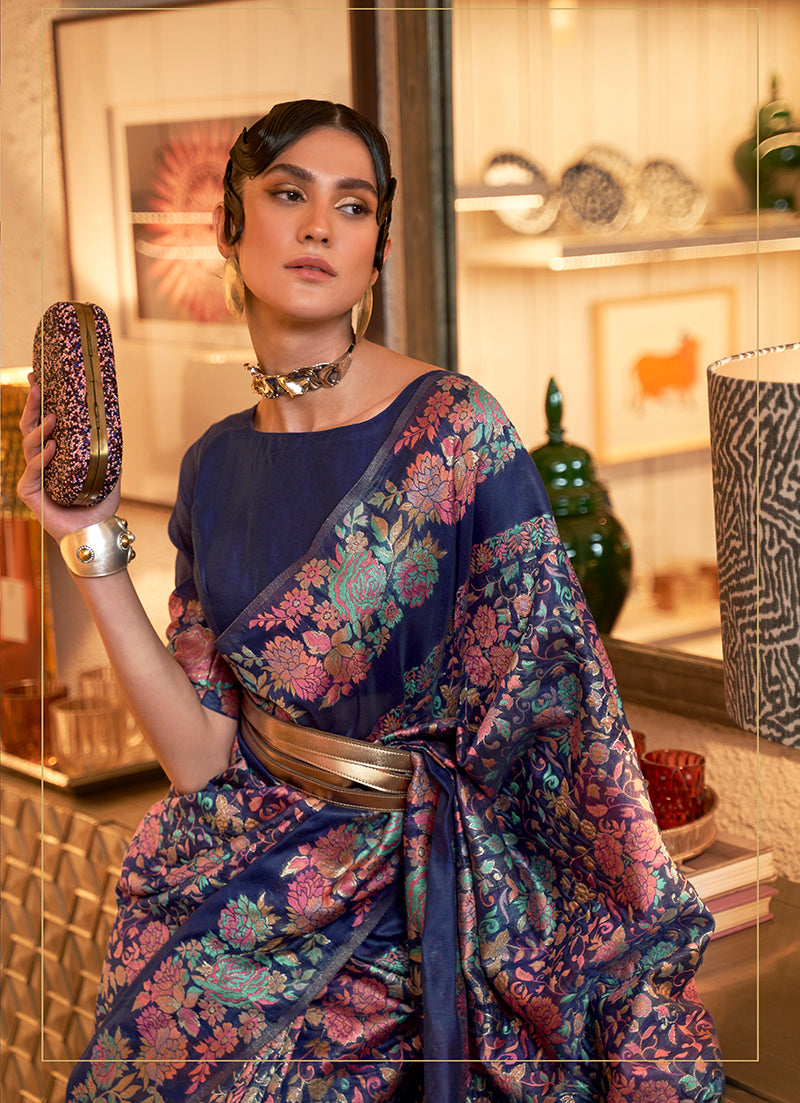 Monjolika Fashion Navy Blue Color Silk Printed Classic Saree