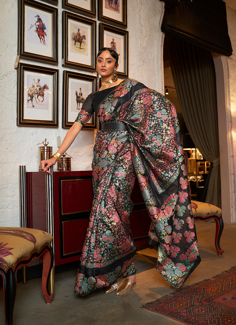 Monjolika Fashion Black Color Silk Printed Classic Saree