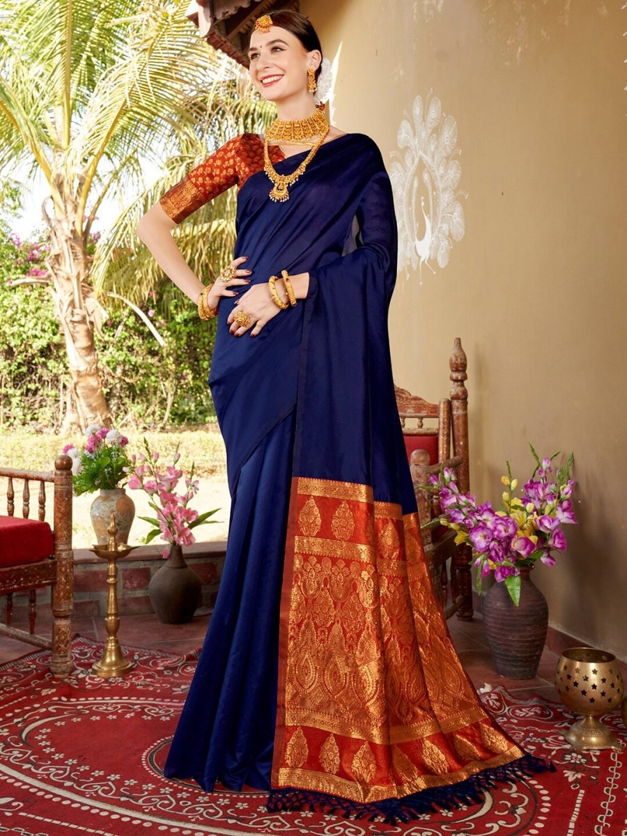 Anouk Blue & Red Solid Zari Chanderi Saree - Distacart