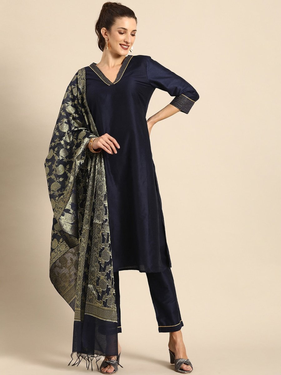 All About You Women Navy Blue Zari Detailed Regular Kurta with Trousers & Dupatta - Distacart