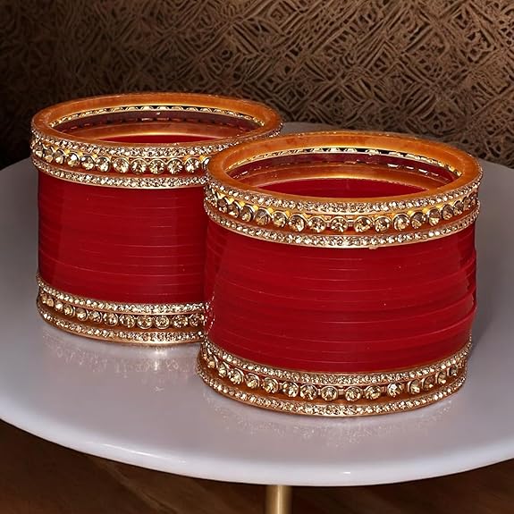 Tehzeeb Creations Bridal Bangle Set Wedding punjabi chuda, Designer chura CZ Stone Maroon Color Choora Set for Women - Distacart