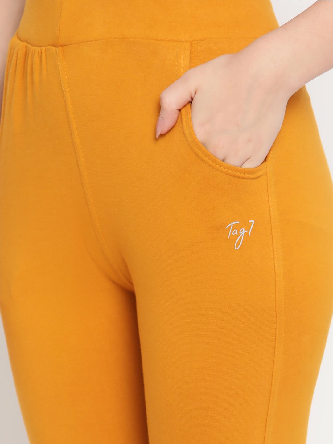 TAG 7 Women Pack of 2 Mustard Yellow & White Solid Leggings - Distacart