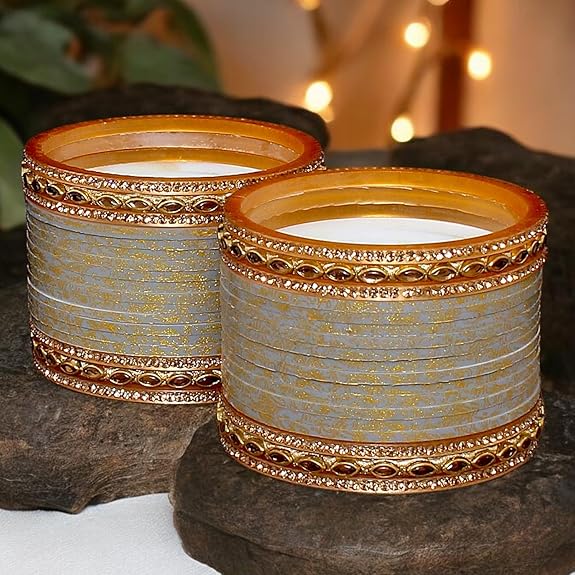 Tehzeeb Creations Bridal Bangle set Wedding Punjabi chuda Designer chura CZ Stone with Kundan Stone Grey Color choora - Distacart