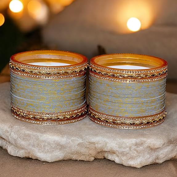 Tehzeeb Creations Bridal Bangle set Wedding Punjabi chuda Designer chura CZ Stone with Kundan Stone Grey Color choora - Distacart