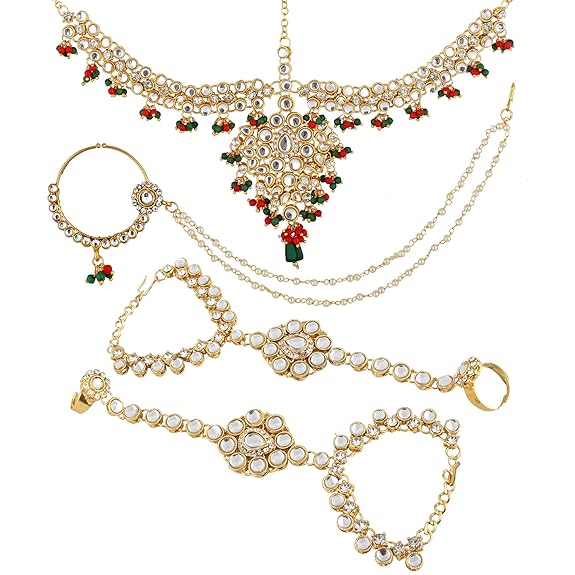 Tehzeeb Creations Traditional Gold-Polished Designer Multi Color Dulhan Choker Kundan Bridal Set - Distacart