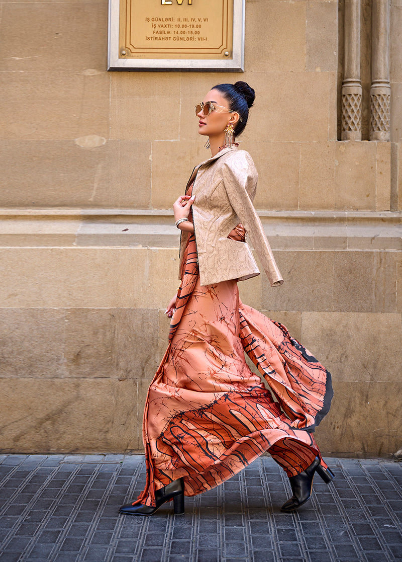 Monjolika Fashion Satin Orange Printed Trendy Saree