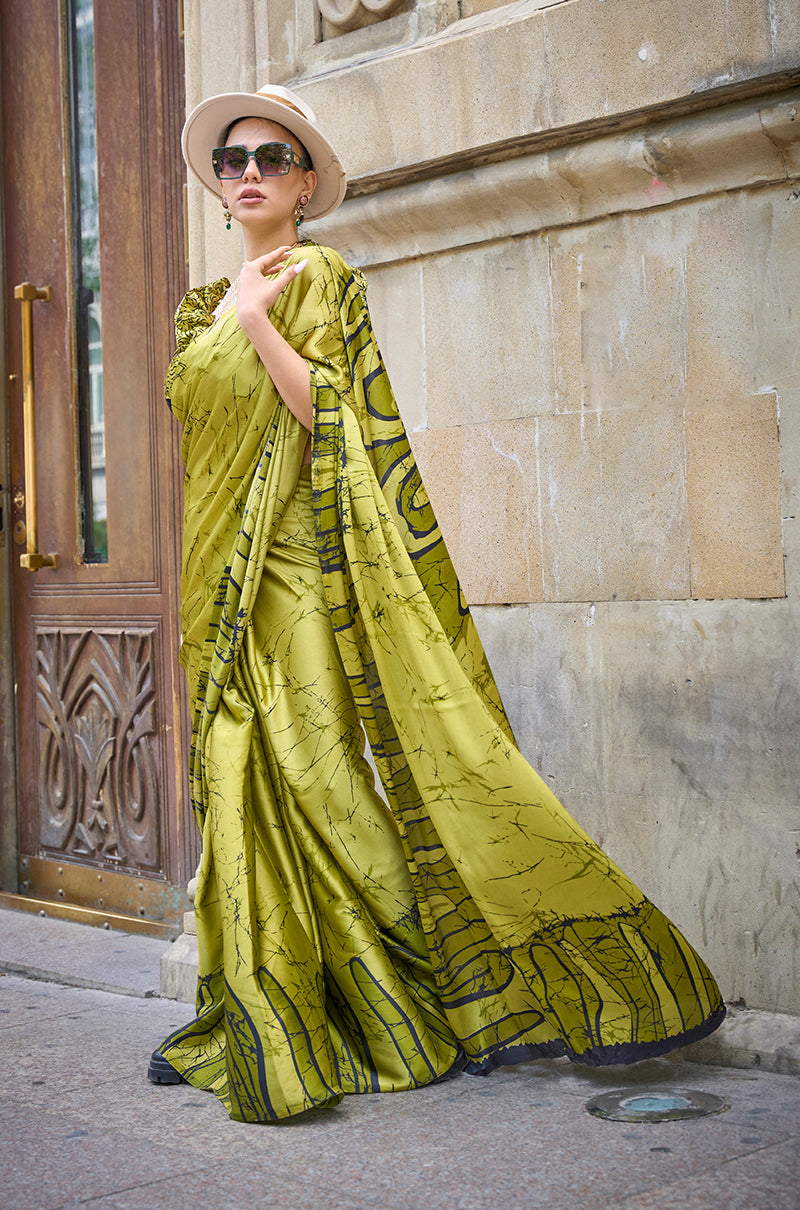 Monjolika Fashion Satin Olive Printed Trendy Saree