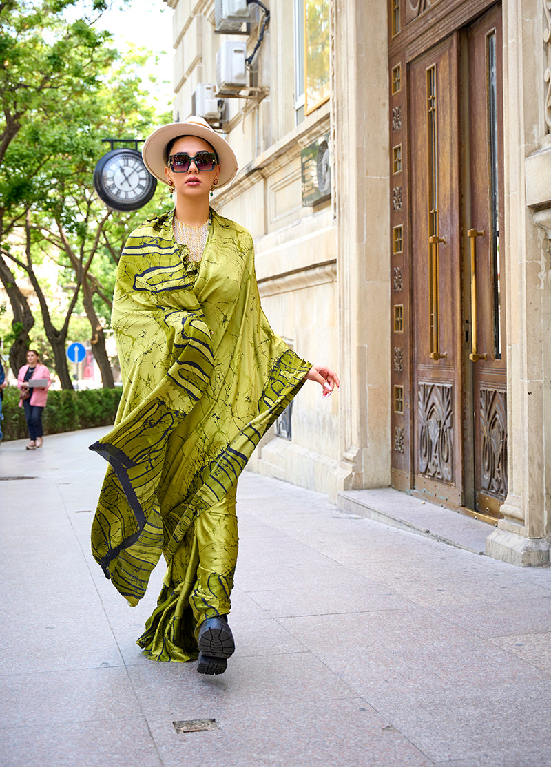 Monjolika Fashion Satin Olive Printed Trendy Saree