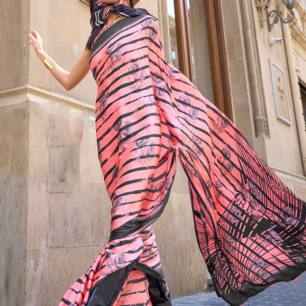 Monjolika Fashion Satin Peach Printed Trendy Saree - Distacart