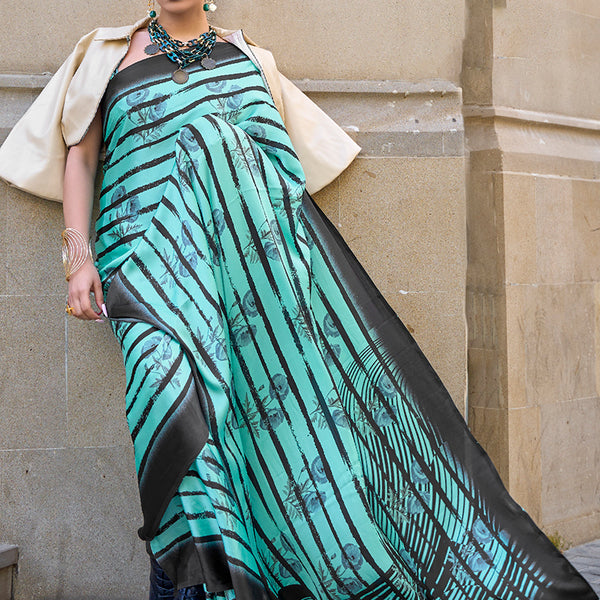 Monjolika Fashion Satin Turquoise Printed Trendy Saree - Distacart