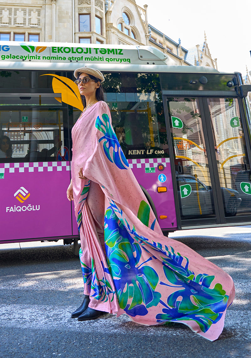 Monjolika Fashion Satin Light Pink Printed Trendy Saree