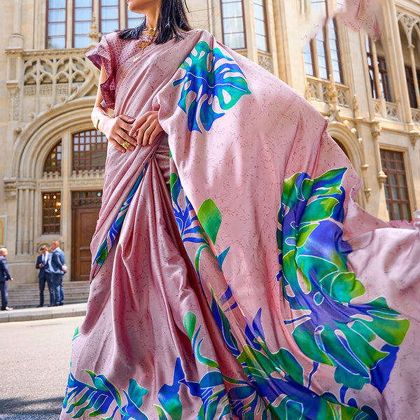 Monjolika Fashion Satin Light Pink Printed Trendy Saree - Distacart