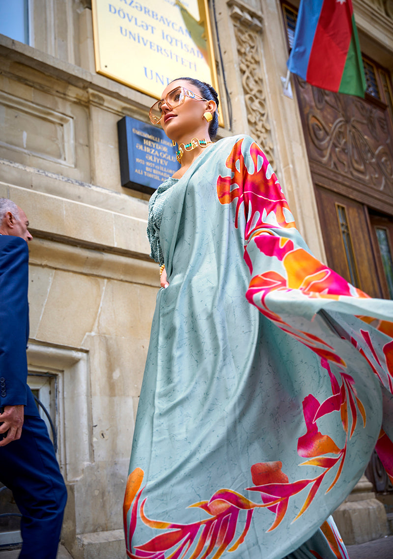 Monjolika Fashion Satin Stale Gray Printed Trendy Saree