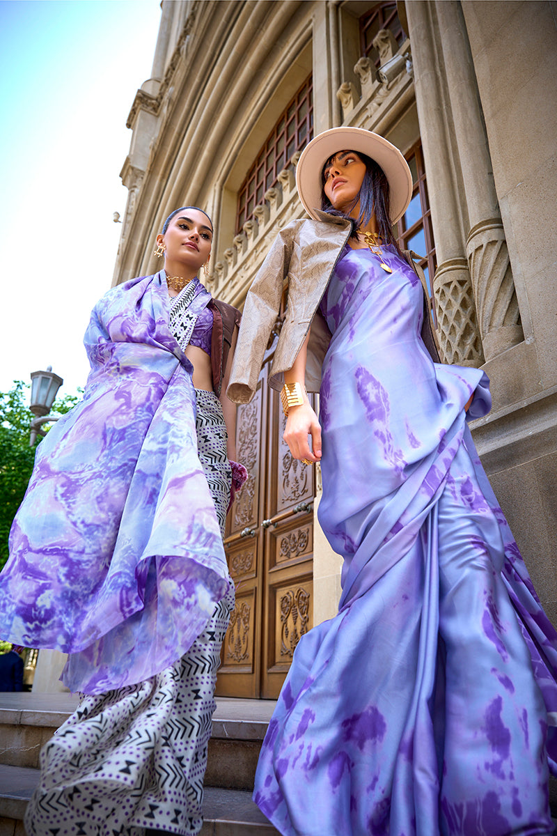 Monjolika Fashion Satin Blue Printed Trendy Saree