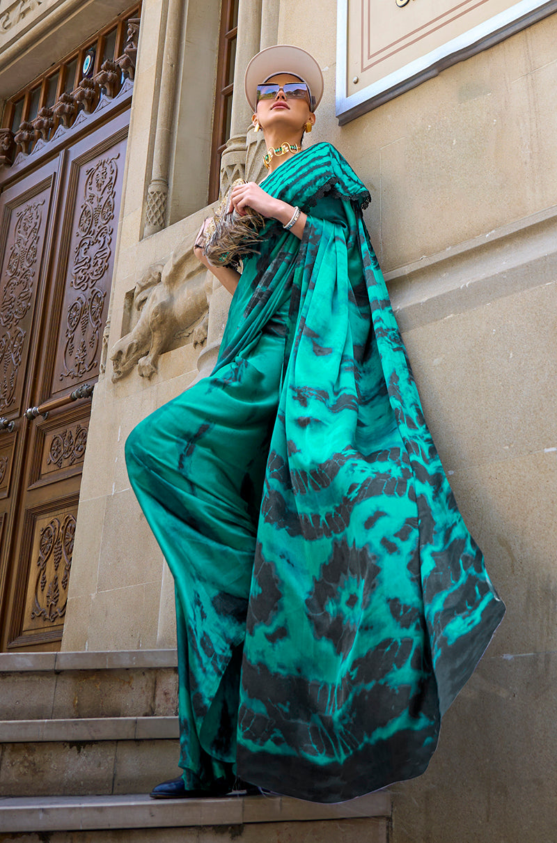 Monjolika Fashion Satin Teal Printed Trendy Saree