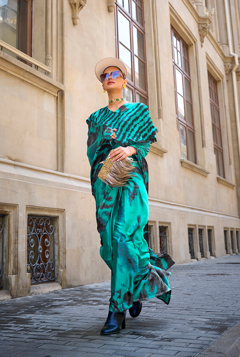 Monjolika Fashion Satin Teal Printed Trendy Saree