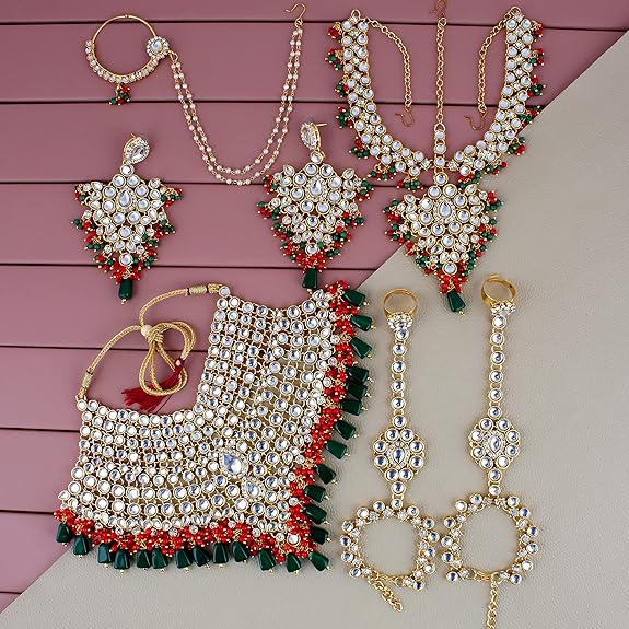 Tehzeeb Creations Traditional Gold-Polished Designer Multi Color Dulhan Choker Kundan Bridal Set - Distacart