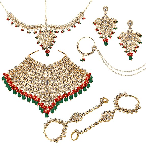 Tehzeeb Creations Traditional Gold-Polished Designer Multi Color Dulhan Choker Kundan Bridal Set