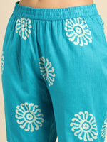 Thumbnail for Anouk Blue & White Ethnic Motifs Print Mirror Work Cotton Straight Kurta Trousers Dupatta - Distacart