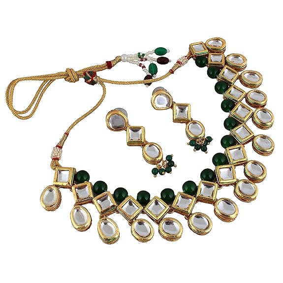 Tehzeeb Creations Back Meenakari Gold-Polished Green Color Earring Jewellery Set Uncut Kundan Big Faux Kundan Dibbi Kundan Choker Necklace Set - Distacart
