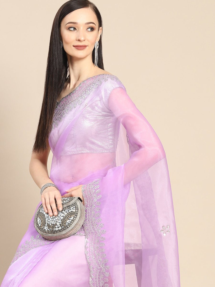 Anouk Lavender & Silver-Coloured Sequinned Organza Saree - Distacart