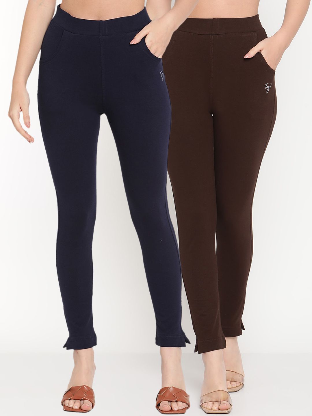 TAG 7 Women Navy Blue & Brown Pack Of 2 Solid Comfort-Fit Ankle-Length Leggings - Distacart
