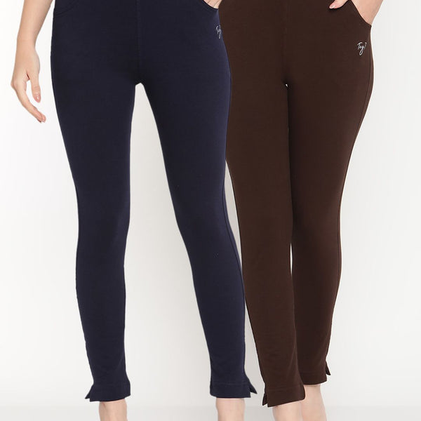 TAG 7 Women Navy Blue & Brown Pack Of 2 Solid Comfort-Fit Ankle-Length Leggings - Distacart