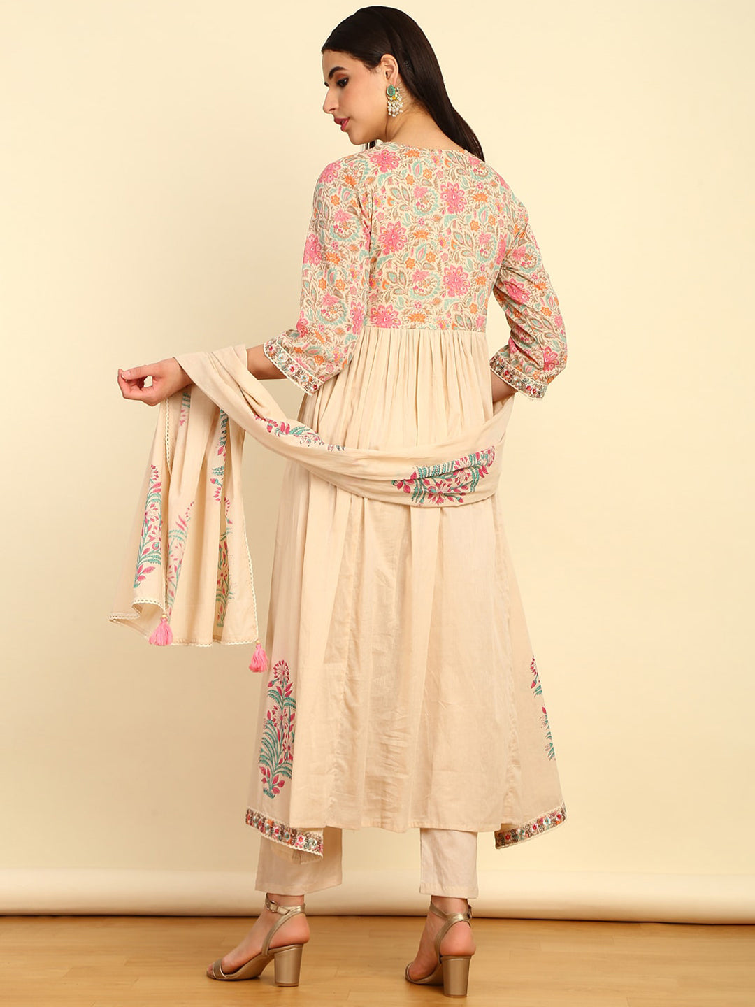 Soch Floral Printed Empire Sequinned Pure Cotton Kurta with Trouser & Dupatta - Distacart