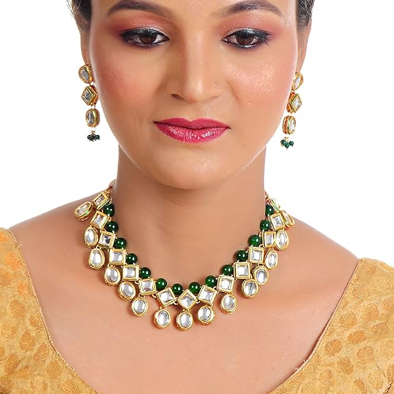 Tehzeeb Creations Back Meenakari Gold-Polished Green Color Earring Jewellery Set Uncut Kundan Big Faux Kundan Dibbi Kundan Choker Necklace Set - Distacart