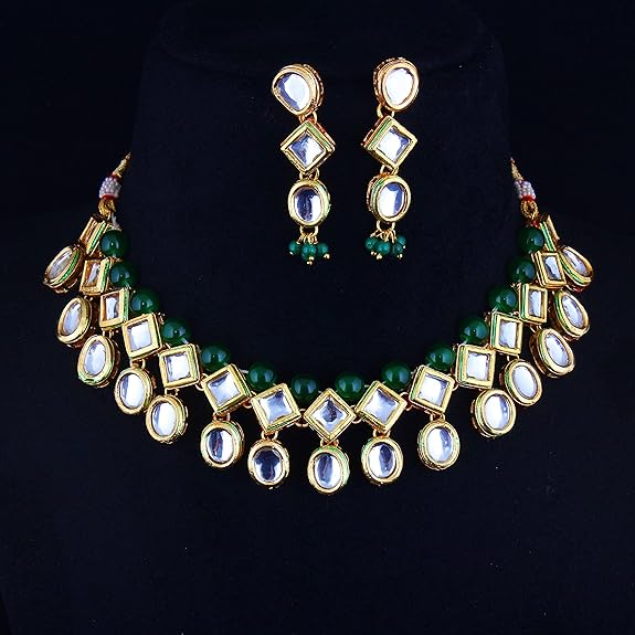Tehzeeb Creations Back Meenakari Gold-Polished Green Color Earring Jewellery Set Uncut Kundan Big Faux Kundan Dibbi Kundan Choker Necklace Set - Distacart