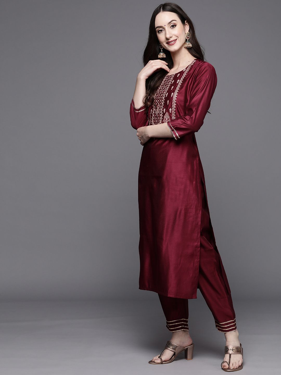 Indo Era Women Magenta Ethnic Motifs Embroidered Kurta with Trousers & With Dupatta