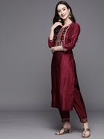 Thumbnail for Indo Era Women Magenta Ethnic Motifs Embroidered Kurta with Trousers & With Dupatta
