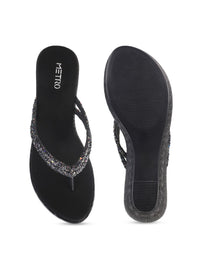 Thumbnail for Metro Black Embellished Wedge Sandals