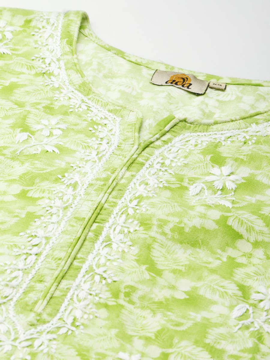 ADA Women Green & White Floral Chikankari Cotton Handloom Kurta - Distacart