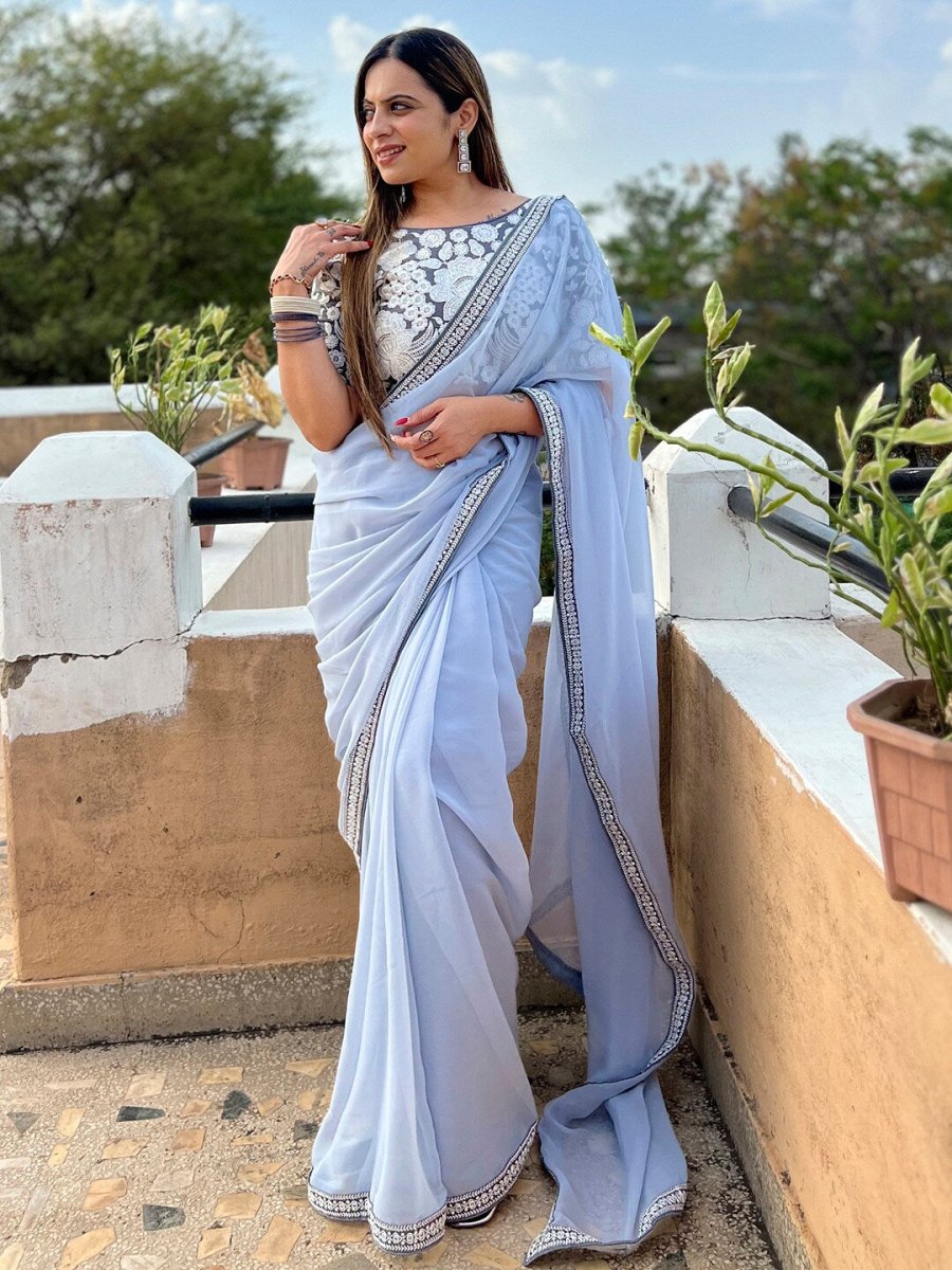 Anouk Grey Embroidered Pure Georgette Saree - Distacart