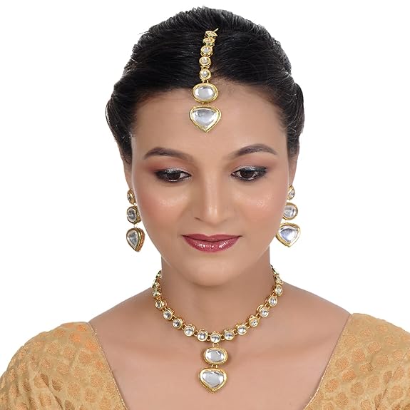 Tehzeeb Creations Back Meenakari Gold-Polished White Color Tika Earring Jewellery Set Uncut Kundan Big Faux Kundan Dibbi Kundan Choker Necklace Set - Distacart