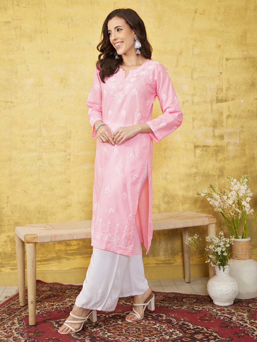 ADA Women Pink & White Chikankari Embroidered Straight Sustainable Handloom Kurta - Distacart