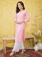 Thumbnail for ADA Women Pink & White Chikankari Embroidered Straight Sustainable Handloom Kurta - Distacart