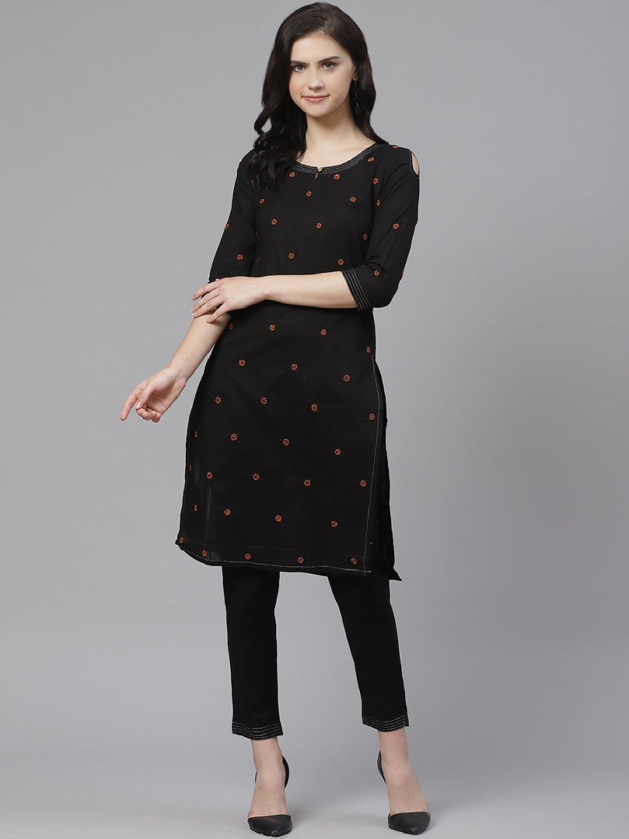 ADA Women Black & Rust Orange Chikankari Embroidered Sustainable Handloom Kurta with Trousers - Distacart