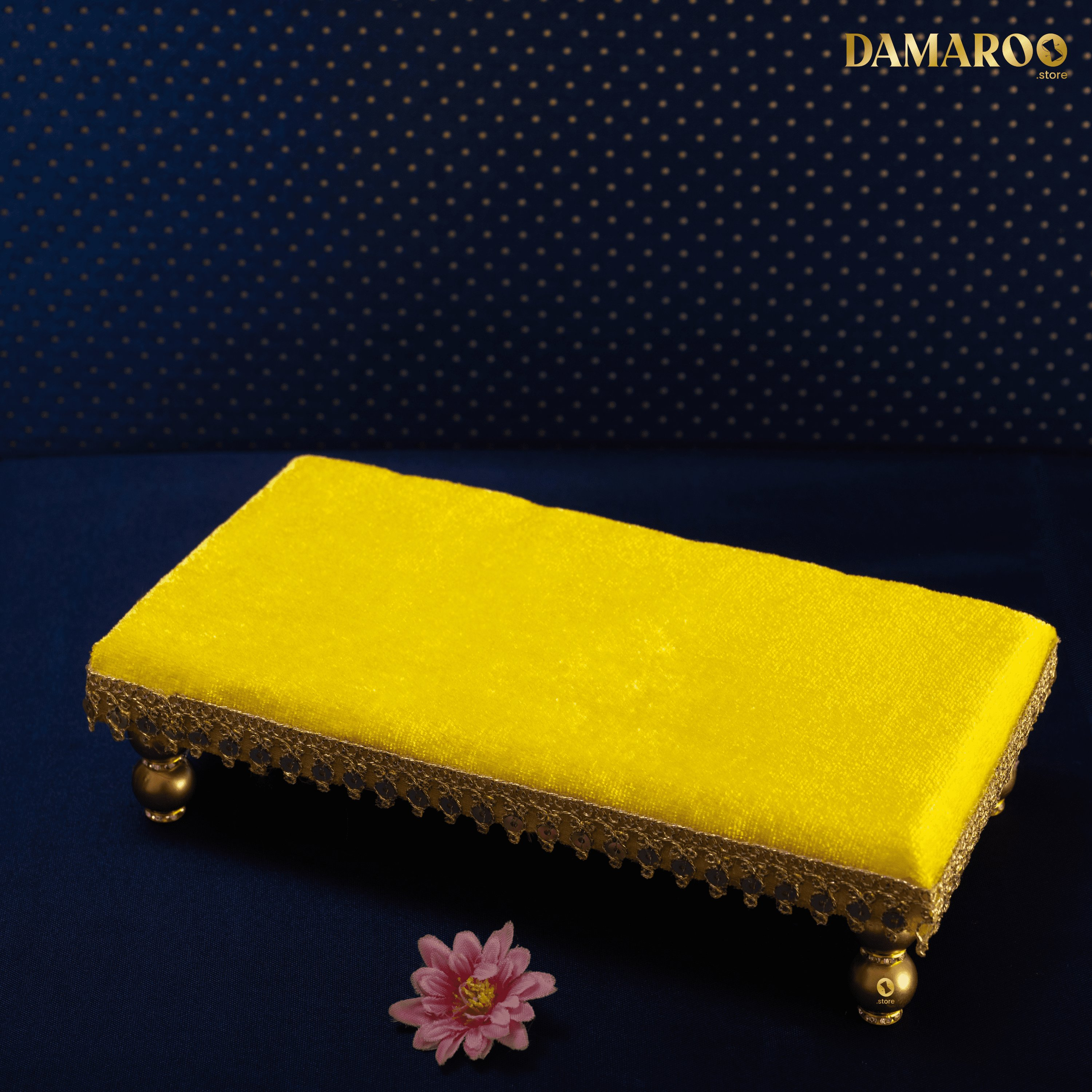 Damaroo 8x4 inch | Sacred Serenity Small Chowki / Bajot for Murti | Velvety Golden Frill - Lemon Yellow - Distacart