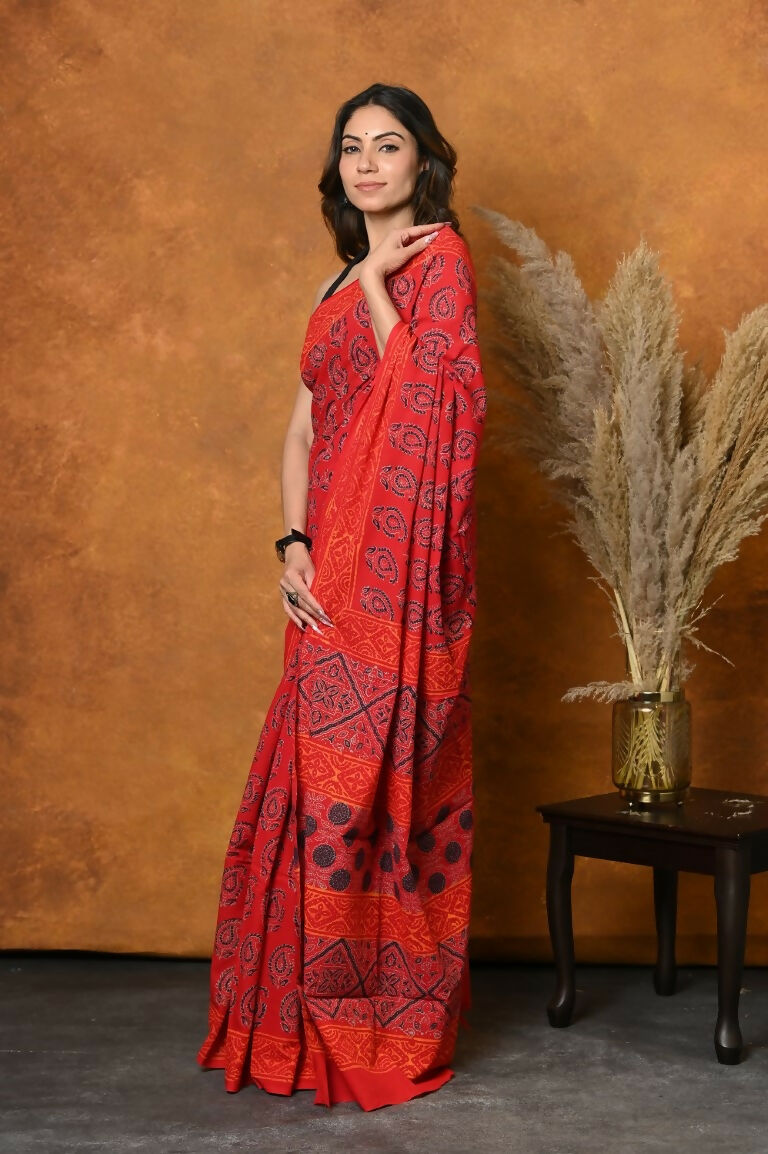 Very Much Indian Handblock Printed Cotton Saree With Natural Dyes - Red - Distacart
