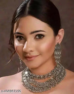 Thumbnail for Tehzeeb Creations Women's Silver Colour Oxidised Necklace Set With Mirror Work - Distacart