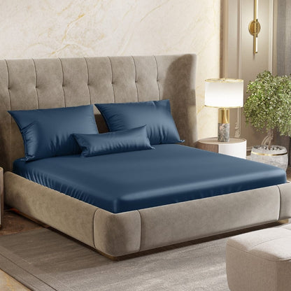 Haus & Kinder Satin Royale Deep Ocean Blue 300TC Satin King Bedsheet - Dista