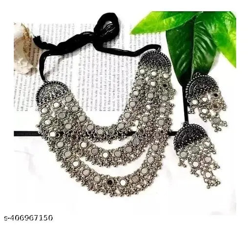 Tehzeeb Creations Women's Silver Colour Oxidised Necklace Set With Mirror Work - Distacart