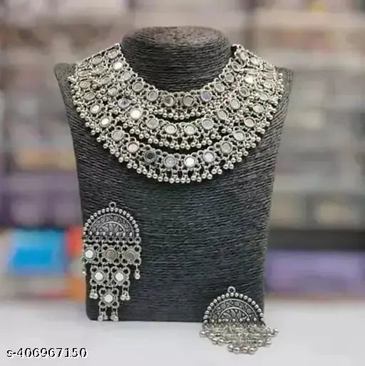 Tehzeeb Creations Women's Silver Colour Oxidised Necklace Set With Mirror Work - Distacart