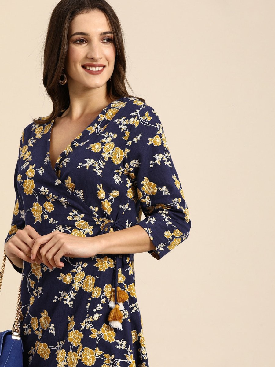 All About You Women Navy Blue Floral Printed Angrakha Pure Cotton Kurta with Trousers - Distacart